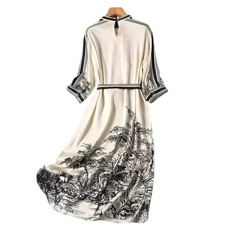 Summer New Women\'s Dress Short Sleeve Satin Printing Loose High Waisted Soft and Comfortable Belt Fitting Casual Long Dresses