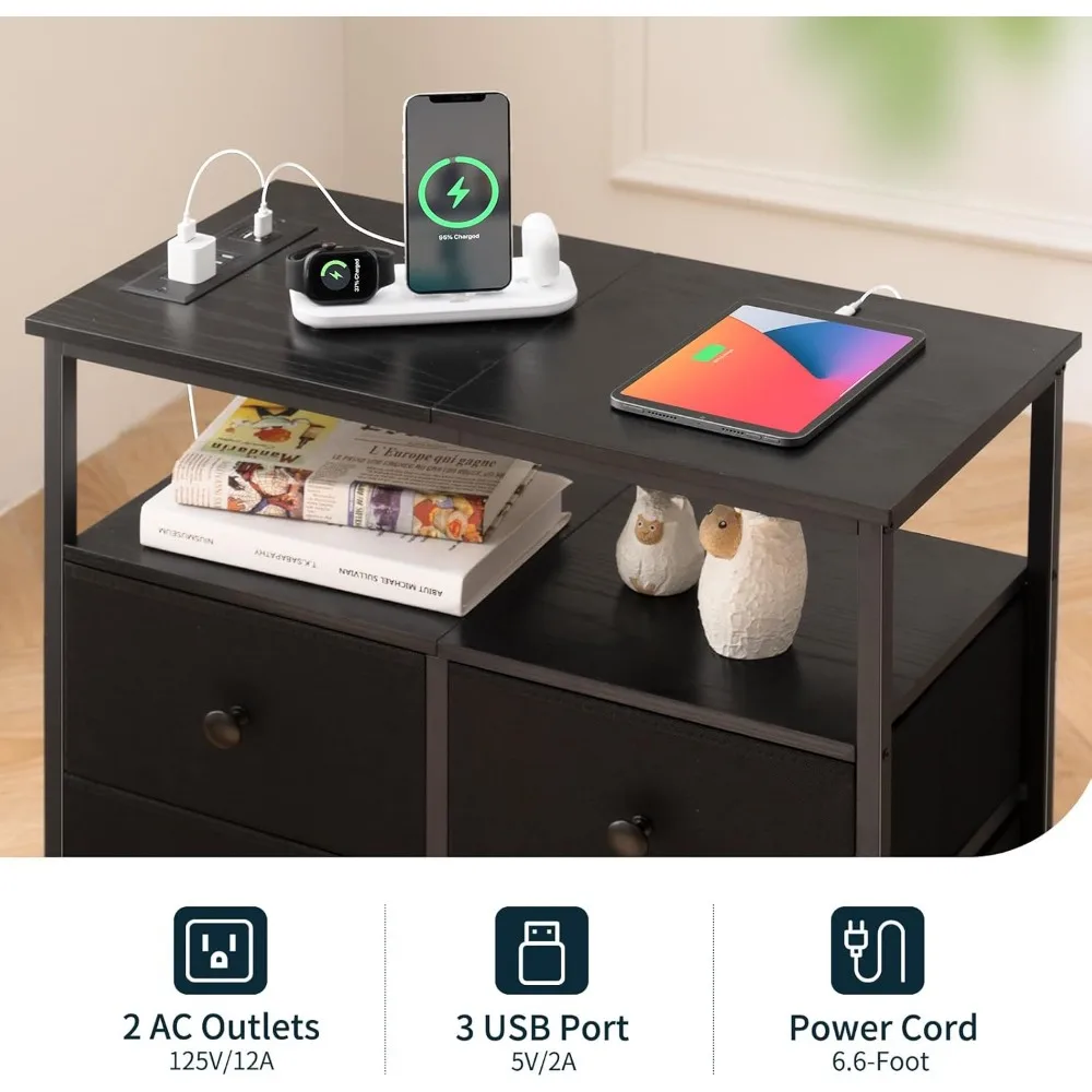 충전 스테이션이 있는 나이트 스탠드, 서랍 4개가 있는 침대 옆 테이블, 수납 선반이 있는 LED 화장대, 나이트 스탠드