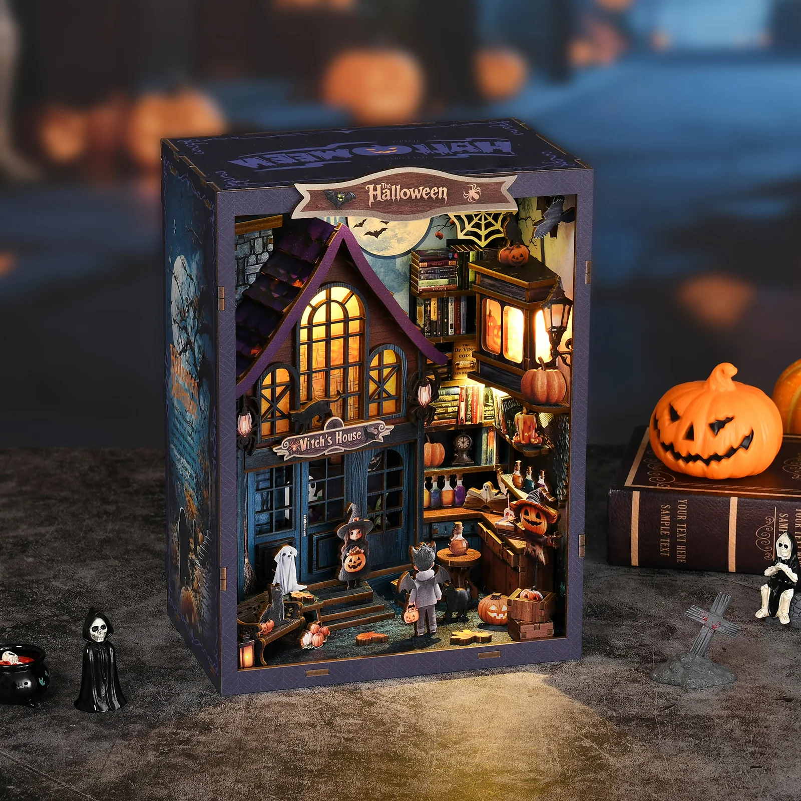Castillo de Halloween 3D DIY, casa de muñecas nocturna maravillosa, caja de madera, muebles en miniatura, linterna LED, libro, modelo hecho a mano, juguetes de montaje