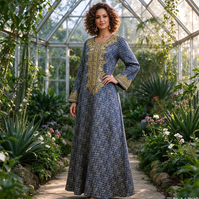 New Jacquard Embroidered Long Dress for Women Elegant Ethnic Muslim Abaya Dubai Kaftan Ramadan Islam Jalabiya Caftan Femme Robe