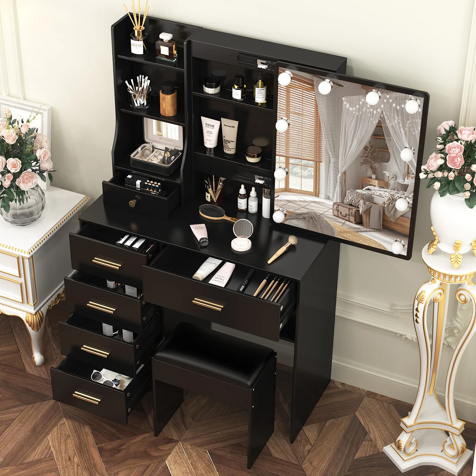 【صفقات 11.11، عروض الجمعة السوداء 2025】طاولة زينة سوداء مع مرآة وأضواء LED ومقعد وطاولة تزيين مكونة من 6 أدراج