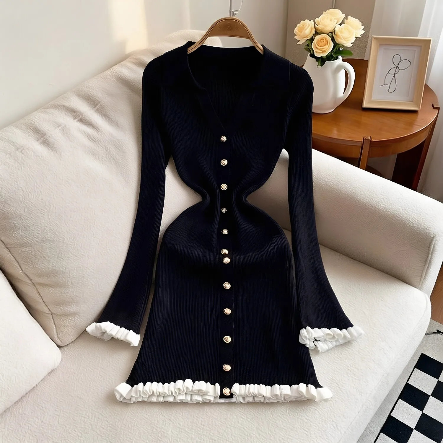 YuooMuoo Schickes Modisches Sexy Figurbetontes Strick-Minikleid 2026 Herbst Winter Vintage Gerüschtes Hemdkleid Damen Party Vestidos – Detail 9