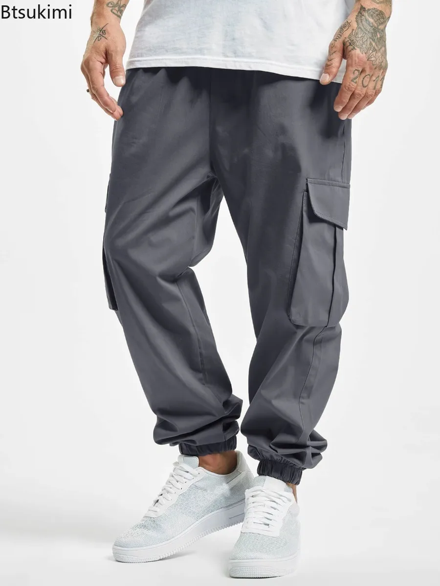 

2025 New Men's Workwear Trousers Solid Loose Straight Casual Cargo Pants Male Outdoor Multi Pocket Joggers Drawstring Sweatpants