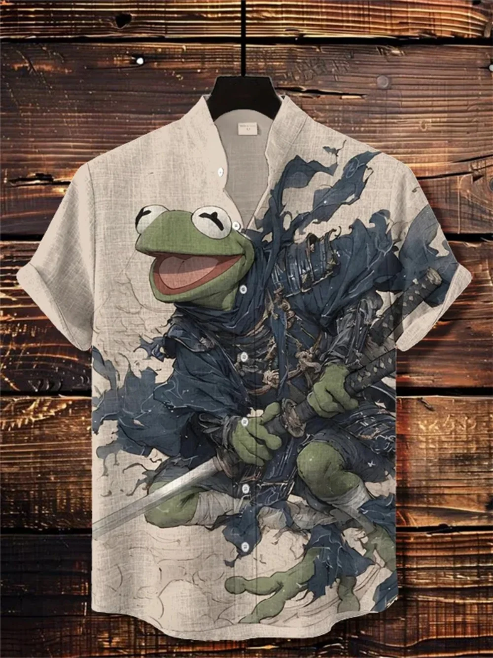 Chemise à manches courtes en lin à motif géométrique rétro pour hommes, Cardigan à col montant, vêtements décontractés pour hommes