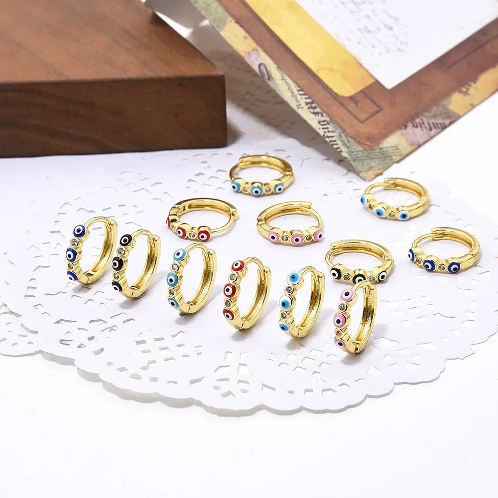 

Fashion Popular Copper Inlaid Zircon Oil Dripping Devil's Eye Female Earrings Ornament Small Exquisite round Charm Earrings
