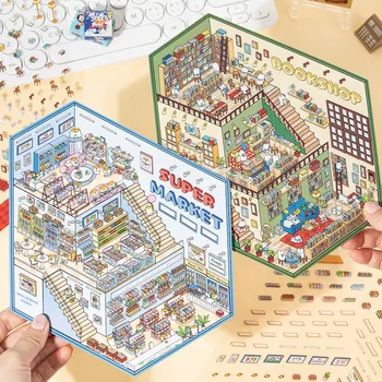 Mr. Paper, 3층 슈퍼마켓 서점 3D 미니어처 PET 풍경 스티커 스크랩북 일기 장식 스티커