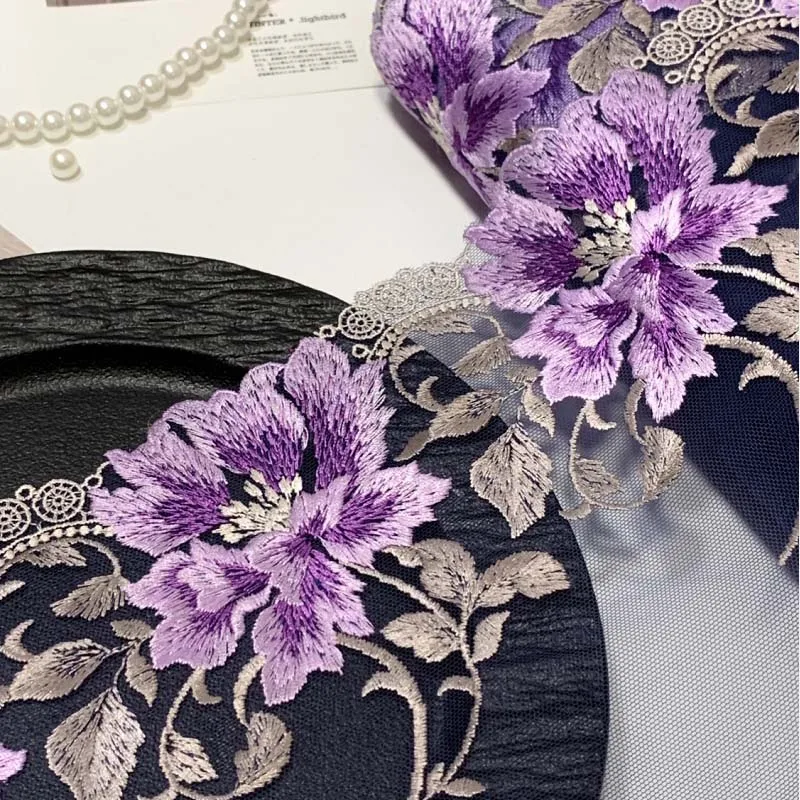 2meters Purple Flowers Embroidery Lace Fabric for Fringe Trim Party Wedding Dress Curtain Decoration Needlework Crafts Material