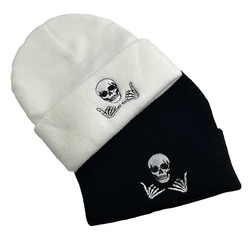 1pcs Winter Embroidery Skull Gestures 66 Acrylic Knit Beanies Hat For Men Women Couple Outdoor Mountaineering Warming Cold Caps