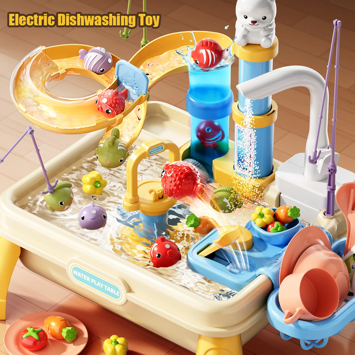 Elektrische speelgootsteen Keukenspeelset Kinderen Waterspel Rollenspel met fruit Groenten Voedsel Magnetisch visspel voor jongens en meisjes