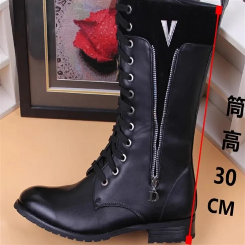 Mens Training Over Knee High Boots light Leather Long Waterproof Snowboots Equestrian Motocycle Patent leather punk cowboy boots