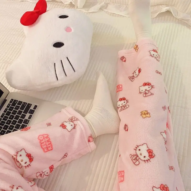 New Hello Kitty Plush Soft Women\'s Sleepy Pants Homewear Casual Walking Pants, Oversize Cute Cartoon Flannel Sleep Bottoms