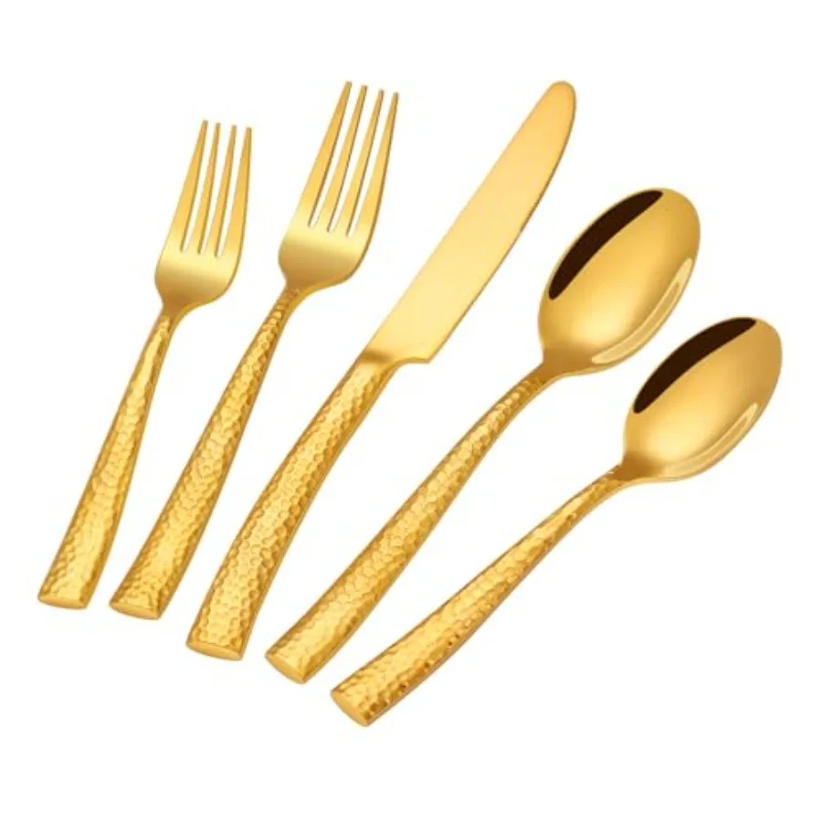 

Gold Silverware Set 20-Piece Hammered Flatware Cutlery Set for 4 Mirror Polished Stainless Steel Kitchen Utensils included Gold