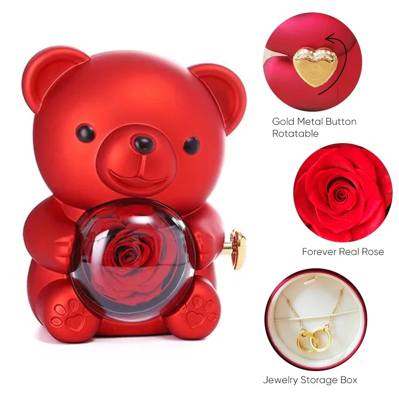 Cuddle Bear spins timeless rose necklace jewelry box for Valentine's Day wedding storage gift box for female girlfriend