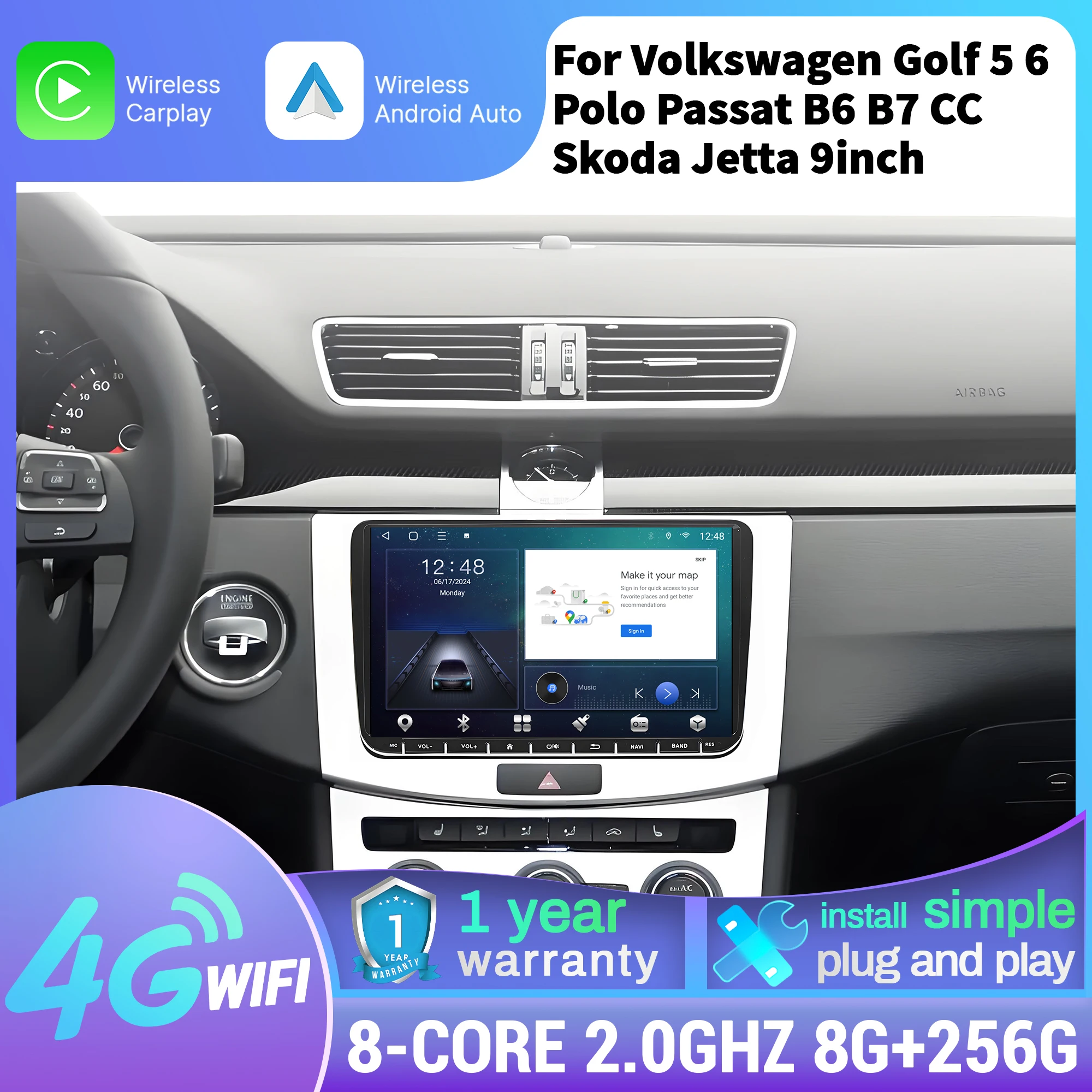 

9 inch Car Radio GPS For Volkswagen Golf 5 6 Polo Passat B6 B7 CC Skoda Jetta Wireless Bluetooth CarPlay Head Unit Touch Screen