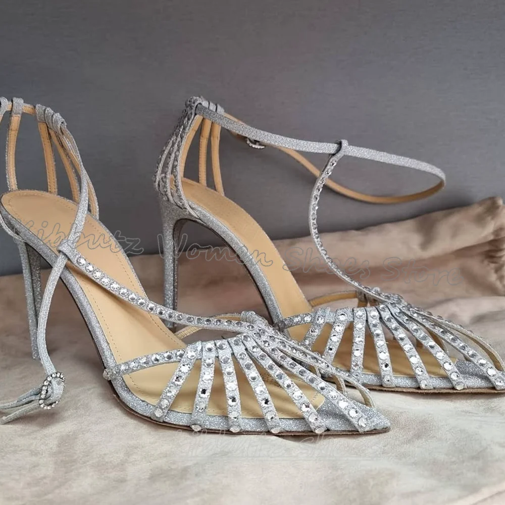 

Crystal Cross Ankle Strap Sandals Glossy Pointed Toe Thin Heels Solid Color Fashion Elegant Sexy Party Dress Women Shoes Newest