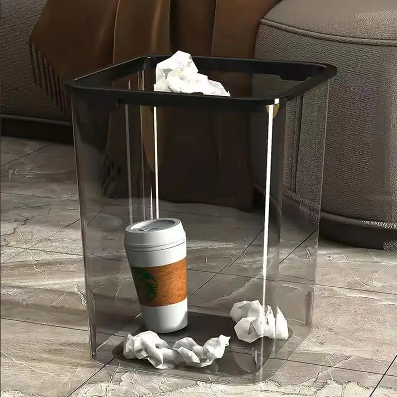 Large Transparent PET Square Garbage Can with Pressure Ring for Kitchen Living Room Office High Aesthetic Value Trash Can