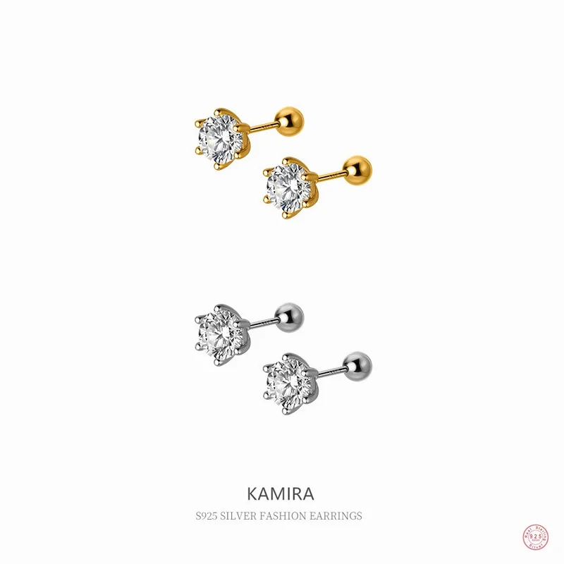 KAMIRA Real 925 Sterling Silver Korean Shiny Zircon Spiral Beads Chic Ear Bone Accessories Piercing Stud Earrings Jewelry Female