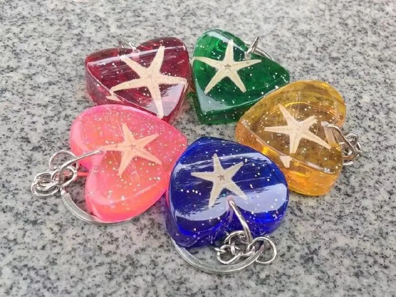 12 pcs keychain real starfish jewelry heart shape mixed color key ring