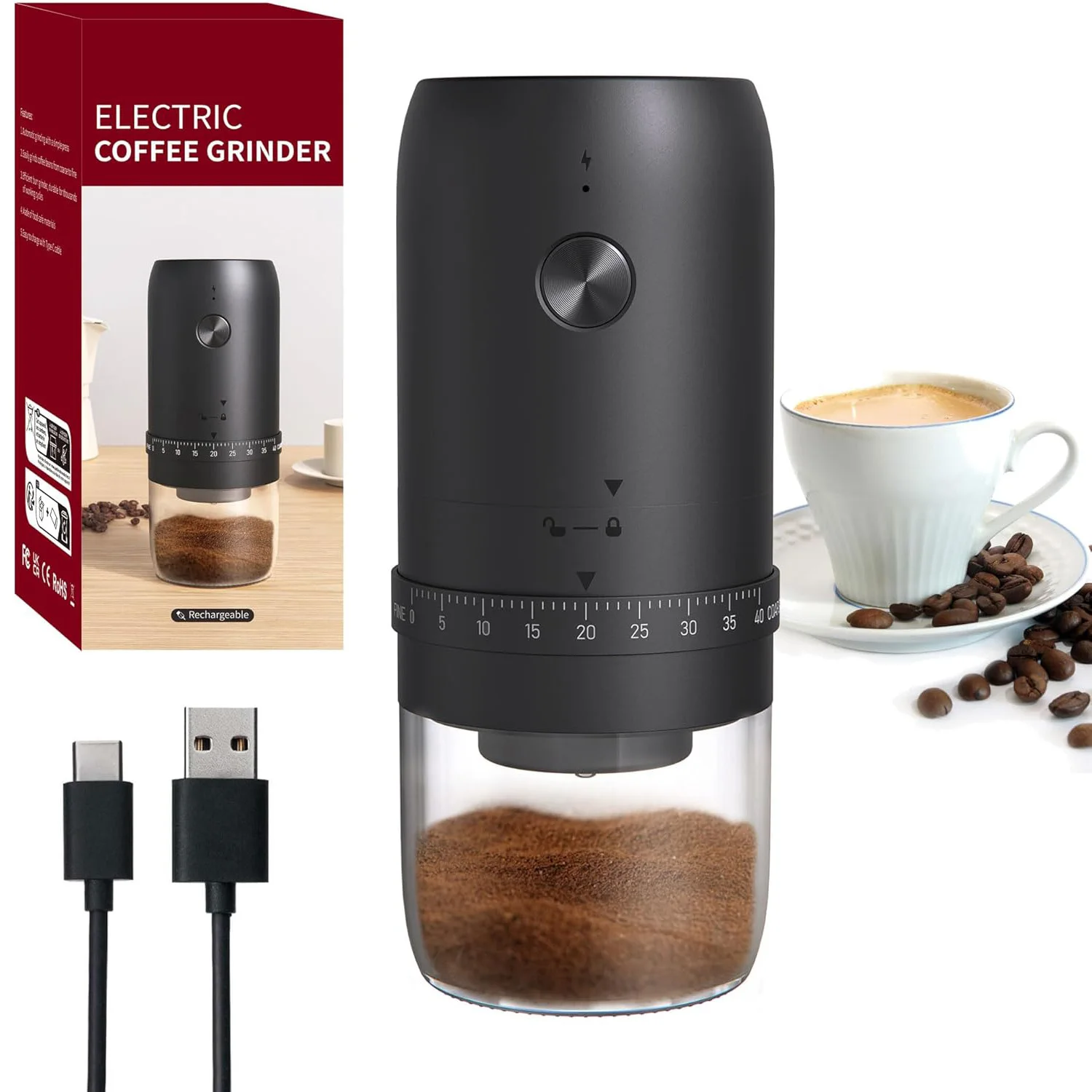 New Portable USB Electric Coffee Bean Grinder 40 Gears External Adjustable Rechargeable Grinders Household Mini Coffee Machine