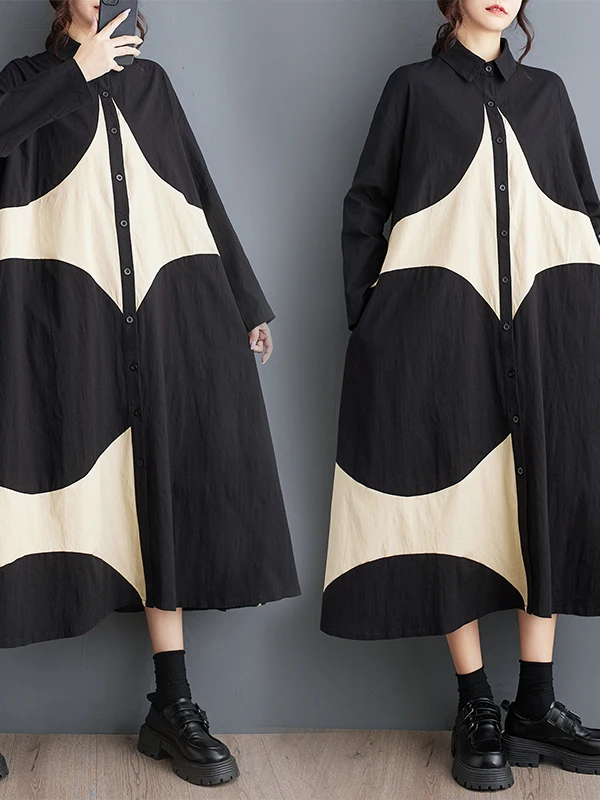 Ele Frühling Herbst Lose Lange Sve Gedruckt Casual Einfache frauen Dr Button Detaillierung Bequeme Atmungsaktive A-linie Rock