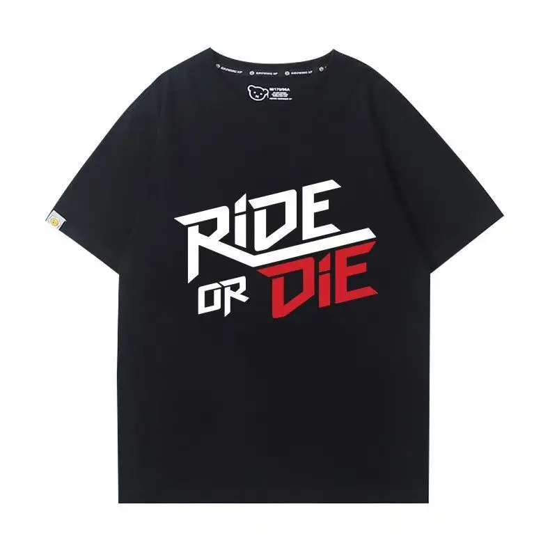 

Черная футболка Ride or Die, мужская футболка с коротким рукавом и жирным белым и красным графическим рисунком, уличная одежда для любителей гоночных мотоциклов