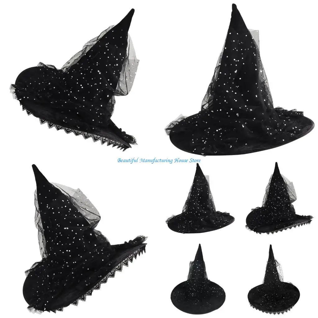 E56A Star Tulle Halloween Hat Cosplay Costume Lace Sheer Wizard Witch Hats