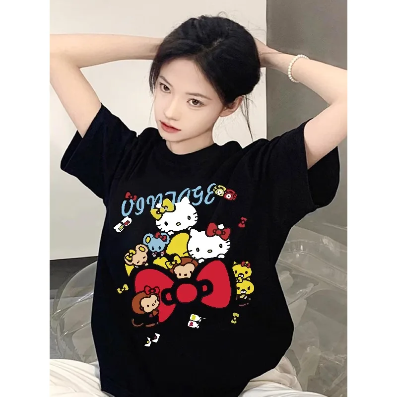 

Hello Kitty Summer Women’s T-shirt 100% Cotton Designer Short Sleeved Cartoon Cute Round Neck Half Sleeve Loose Girl’s Tops Tee