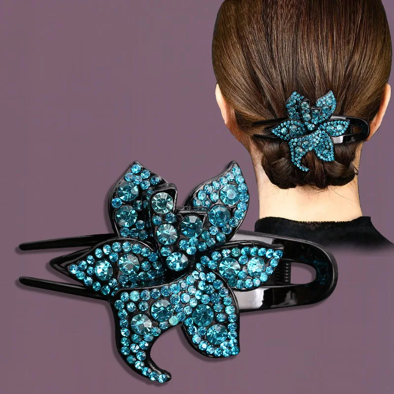 Premium Flower Large Hairpin Back Scoop Rhinestone Duck Mouth Clip Retro Pan Hair Women's Headwear