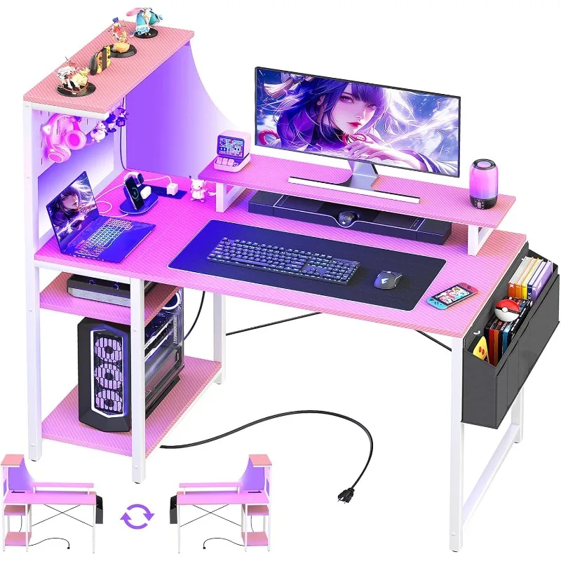 Gaming Desk with Power Outlets & Pegboard & Led Light,  PC Gamer Desk with Hutch & Monitor Stand, Carbon Fiber Pink