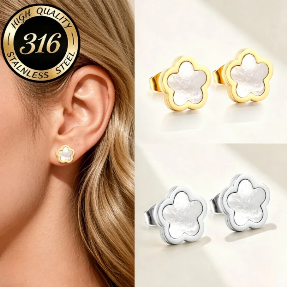 1Pair Peach Blossom White Shell Stud Earrings Stainless Steel Sweet Floral Ear Jewelry Minimalist Versatile for Women Daily Wear