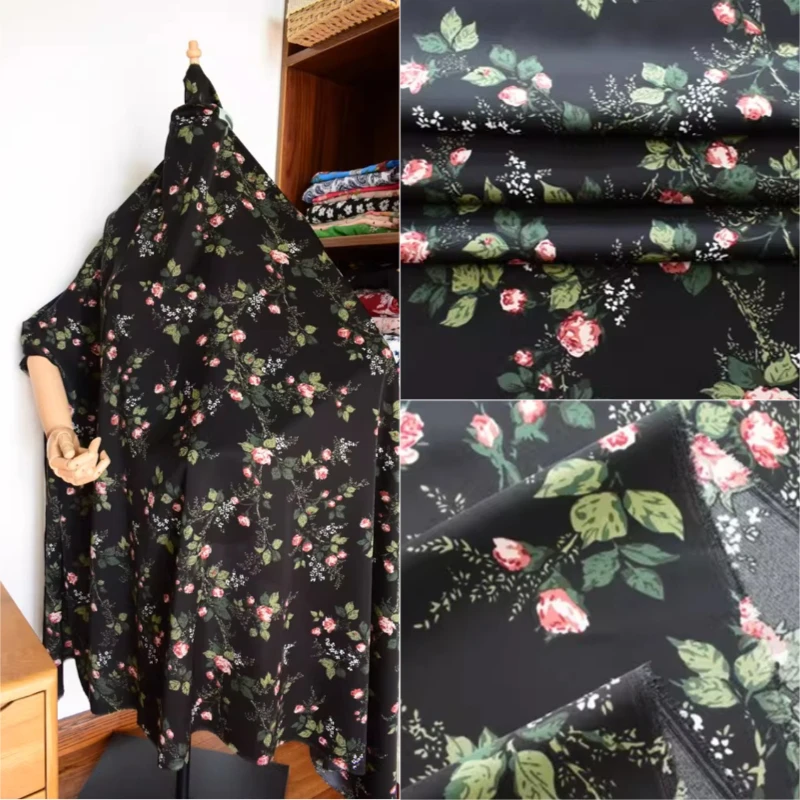 Black Rose Print Chiffon Fabric Lightweight Soft Non See Through Textured Material Summer Dress Blouse DIY Sewing Craft Material