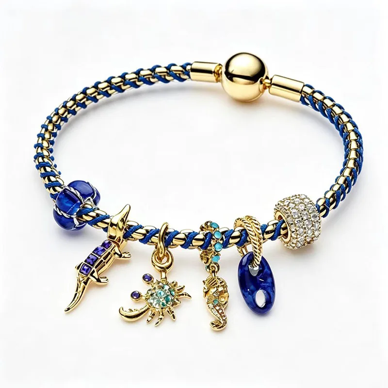 New Blue Rope Box Chain Bracelet Crab Pendant Articulated Fish Pendant Crocodile Pendant European DIY Jewelry Gift