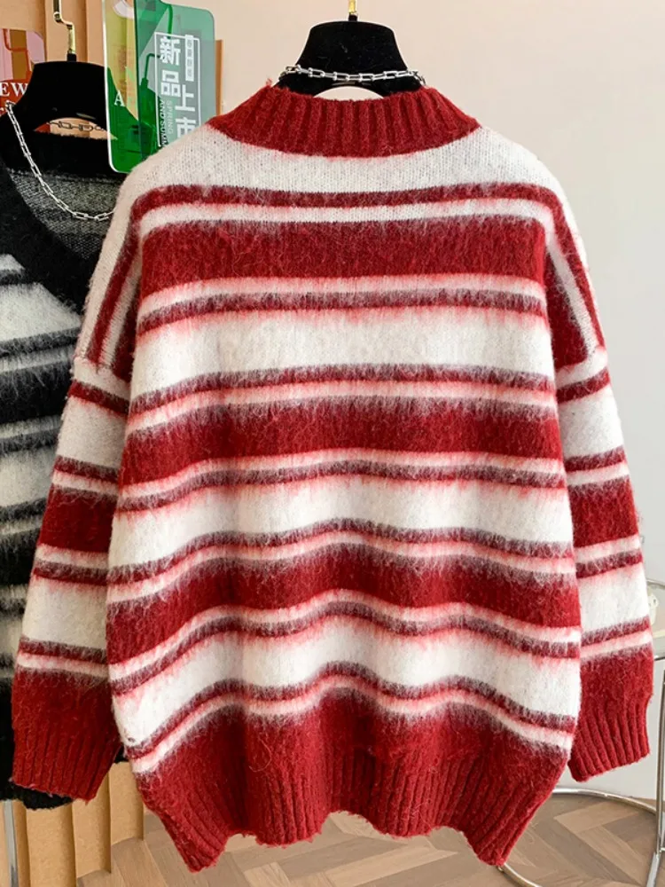 Luźny sweter damski z dekoltem w serek, w paski, z blokami kolorów, zimowy, casualowy, dzianinowy top, wygodny, miękki, średnio cienki, długi sweter