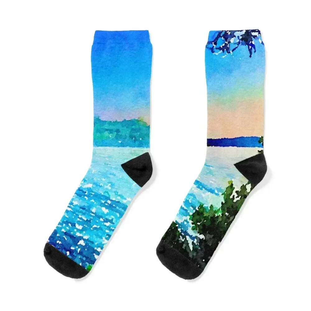 Lake George, NY watercolor view Socks kids luxury with print Socks Women Men's