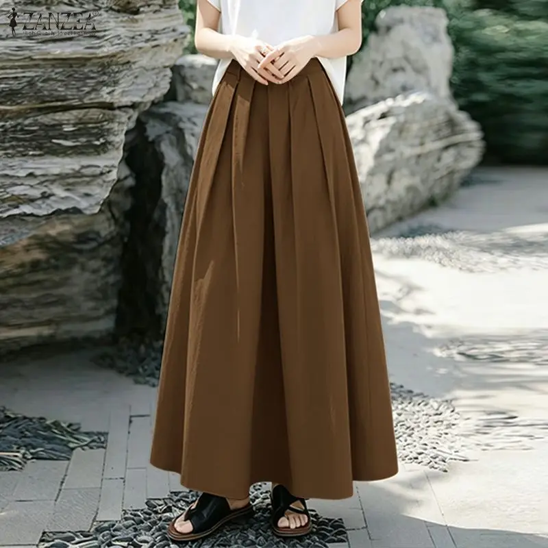 ZANZEA Women Long Skirt Summer Pleated A-line Skirts Summer Solid Color OL Work Party Vestidos Streetwear Casual Skirts Bottoms