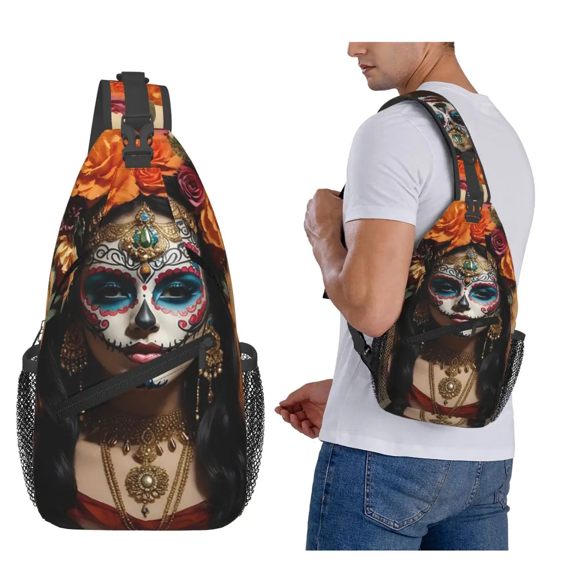 Bolso de pecho con calavera de azúcar para niña Catrina mexicana, bolso cruzado para hombre, bolso de pecho, mochila de viaje, bolso de hombro