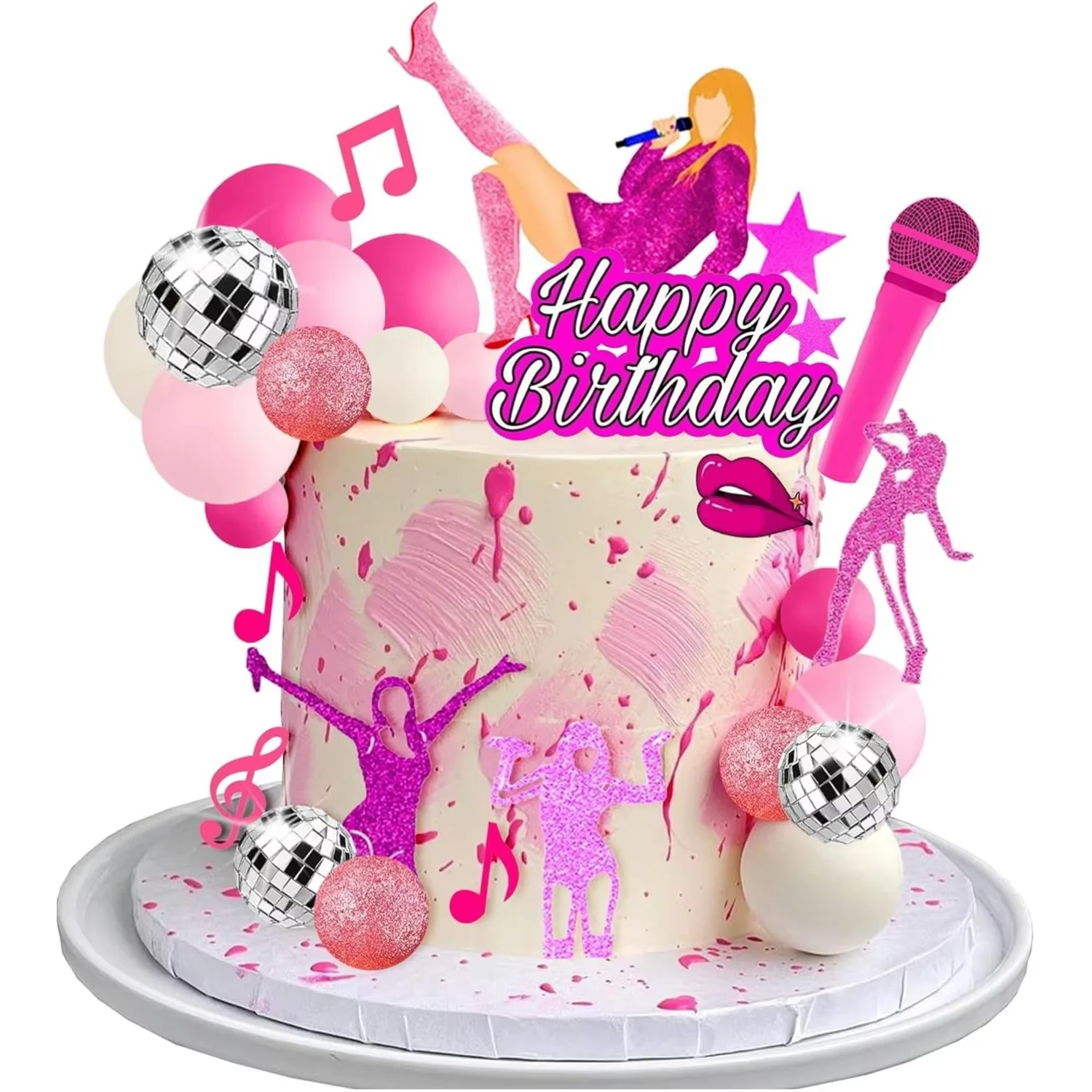 26Pcs Music Cake Toppers Pink Girl Birthday Cake Topper and Disco cake topper for Pop Music Birthday Party Decorations Supplies