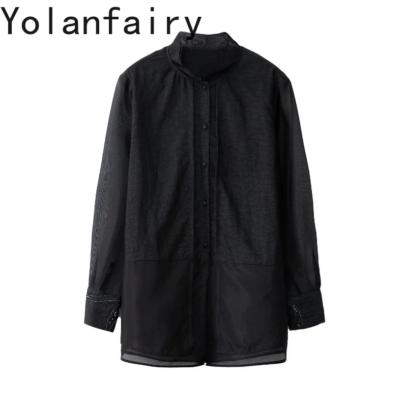 YOLANFAIRY Women Long Sleeve Sun Protection Shirt Stand Collar 100% Mulberry Silk Gambiered Organza Spliced Silk Blouse Tops