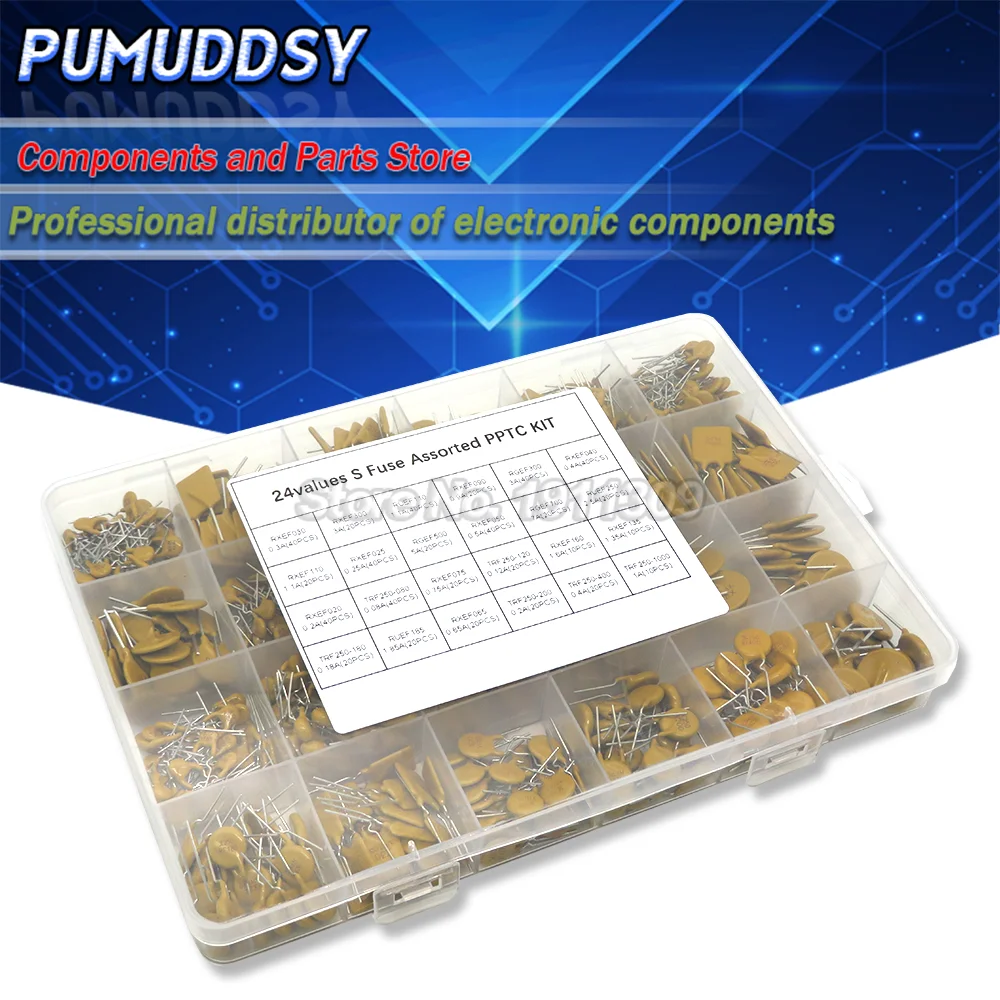 610PCS 24values Self-Recovery Fuse Assorted PPTC KIT 0.05A 0.1A 0.2A 0.25A 0.3A 0.4A 0.5A 0.75A 0.9A 1.1A 1.35A 2A 2.5A 3.75A