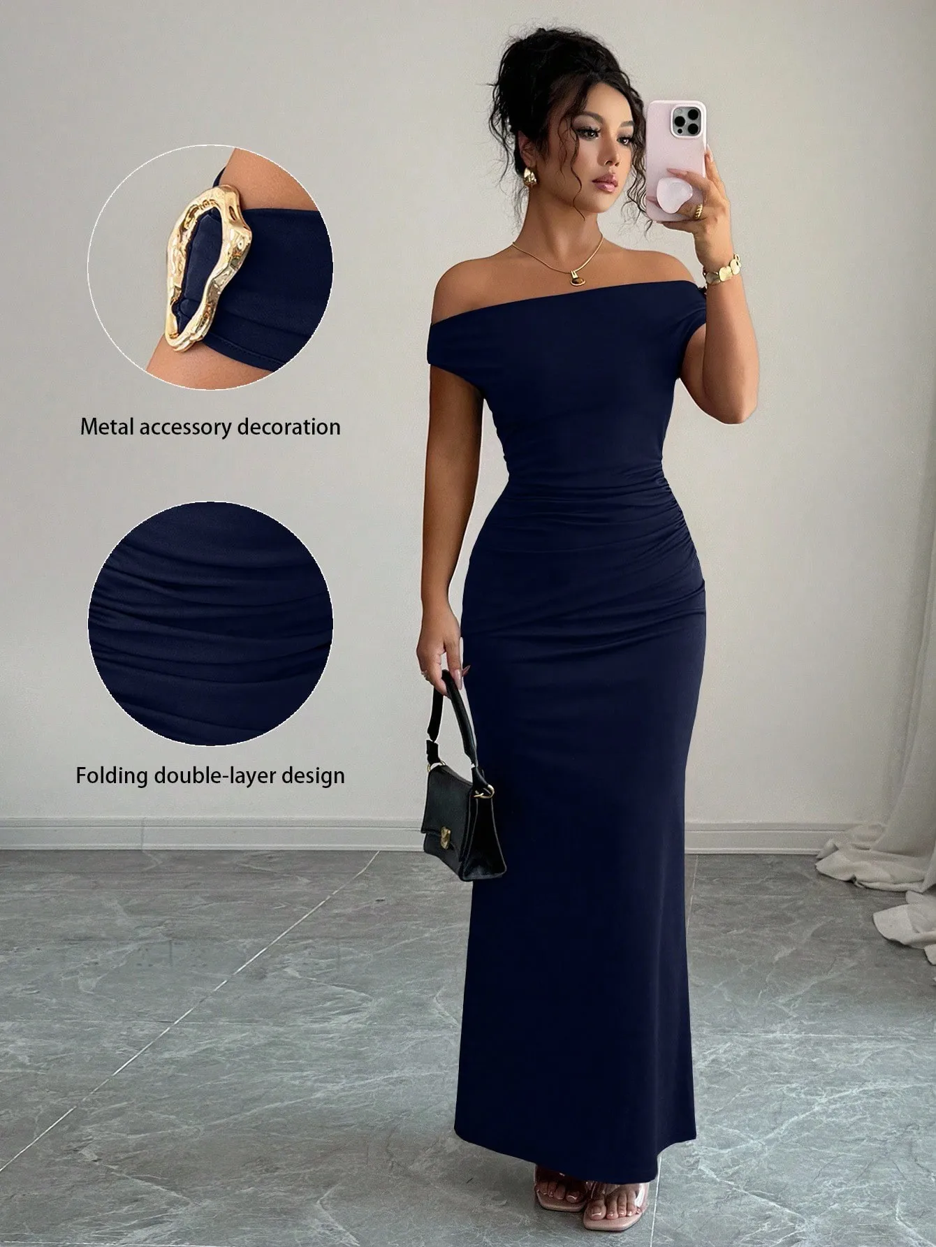Elegant Party Dress For Woman Off Shoulder Long Sleeve Black Dresses Wedding And Gala Evening Dress Ruched Waist Navy Blue Maxi