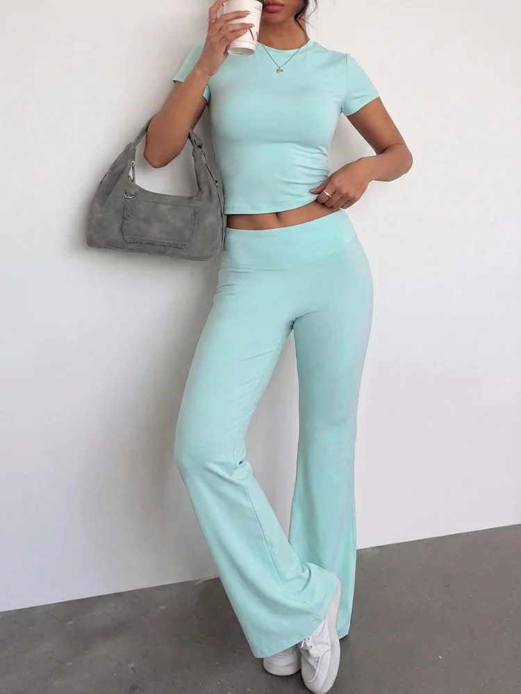 Women's Yoga Set 2PCS Workout Set Sportswear Women Slim Fit Short Sleeve Tee High Rise Flared Leggings Sport Gym Two Piece Set