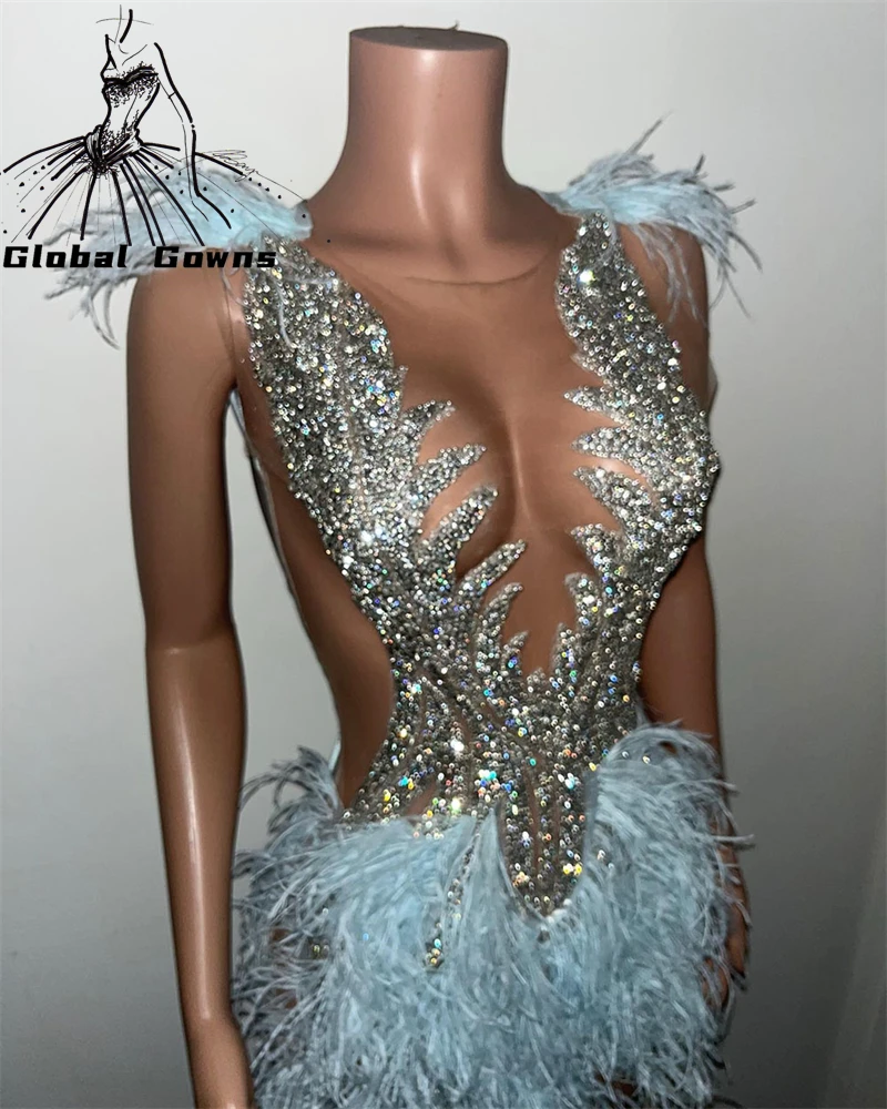 Vestidos de graduación cortos de cristal con cuentas de plata de lujo, niñas negras, brillantes, bebé, azul, pluma de diamantes de imitación, fiesta de cóctel de cumpleaños