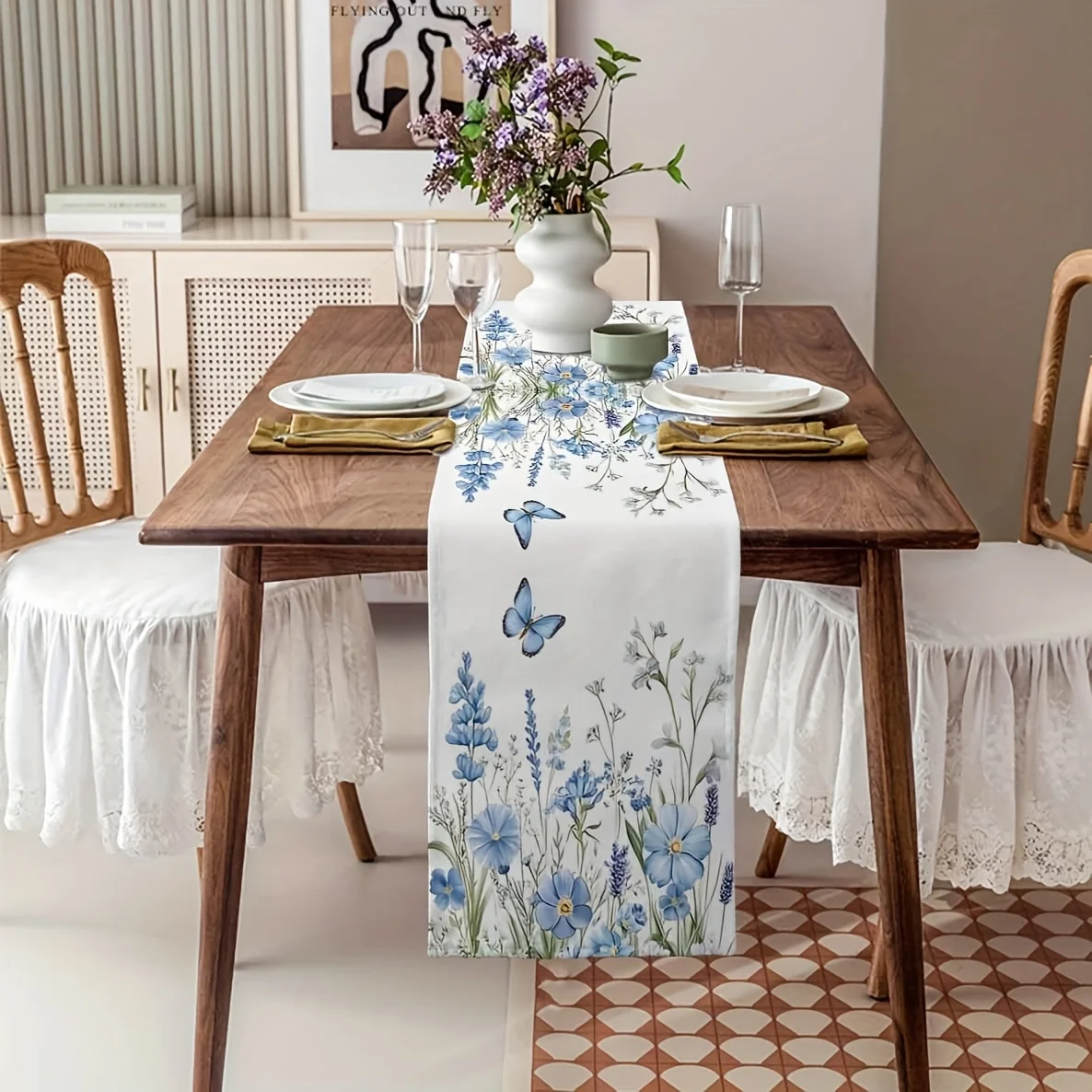 Spring Blue Floral Lavender Butterfly Linen Table Runner Wedding Party Decor Summer Wildflowers Table Runners Dining Table Decor