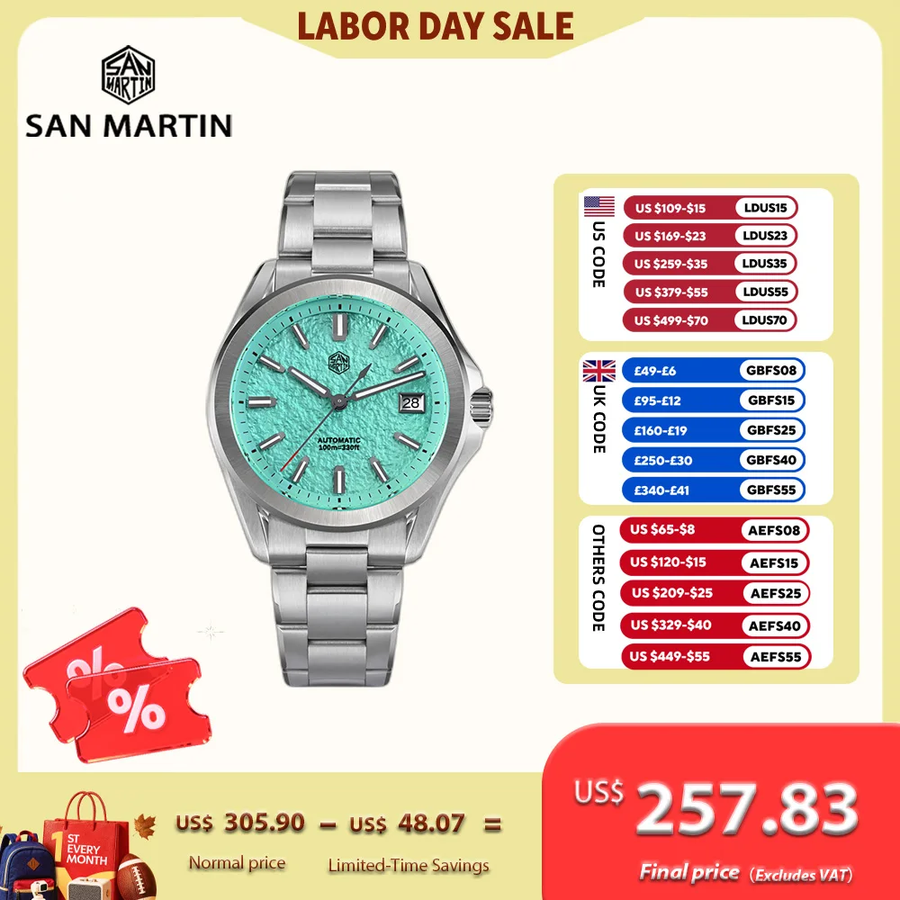 San Martin 39mm Men Dress Watch Self-Wind Mechanical 3H Date New On The Fly Adjust Clasp BGW-X1 Lume Hombre Reloj SN0129C-2/3
