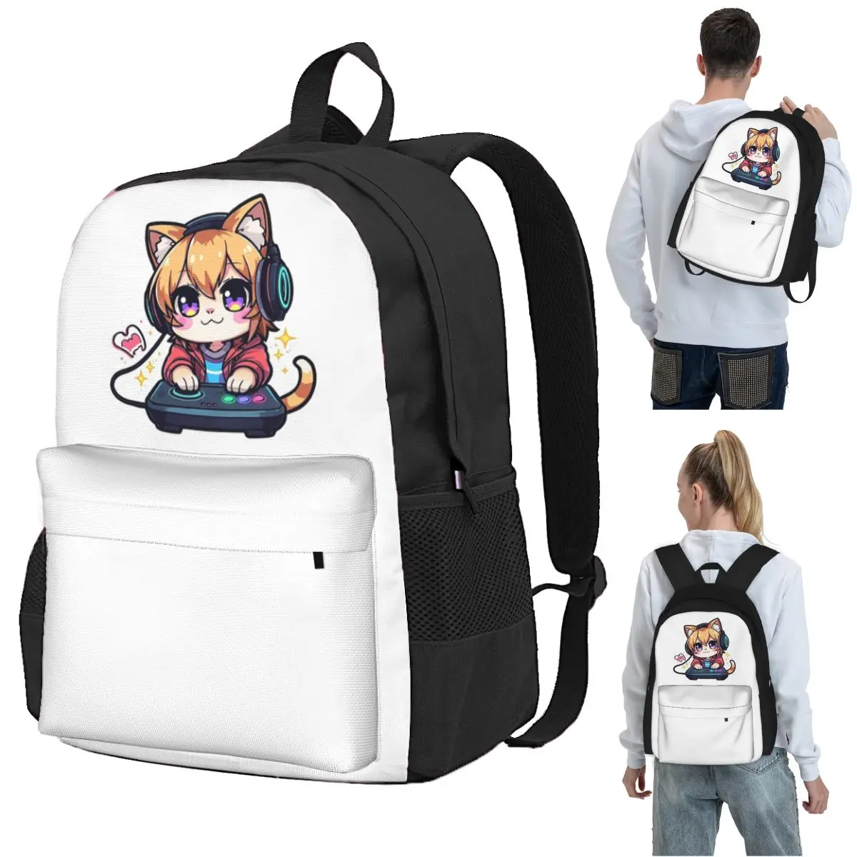 Kawaii Anime Gamer Cat Playing Video Backpack Student BookBag Kids School Bag Laptop Shoulder Bags for Men Women