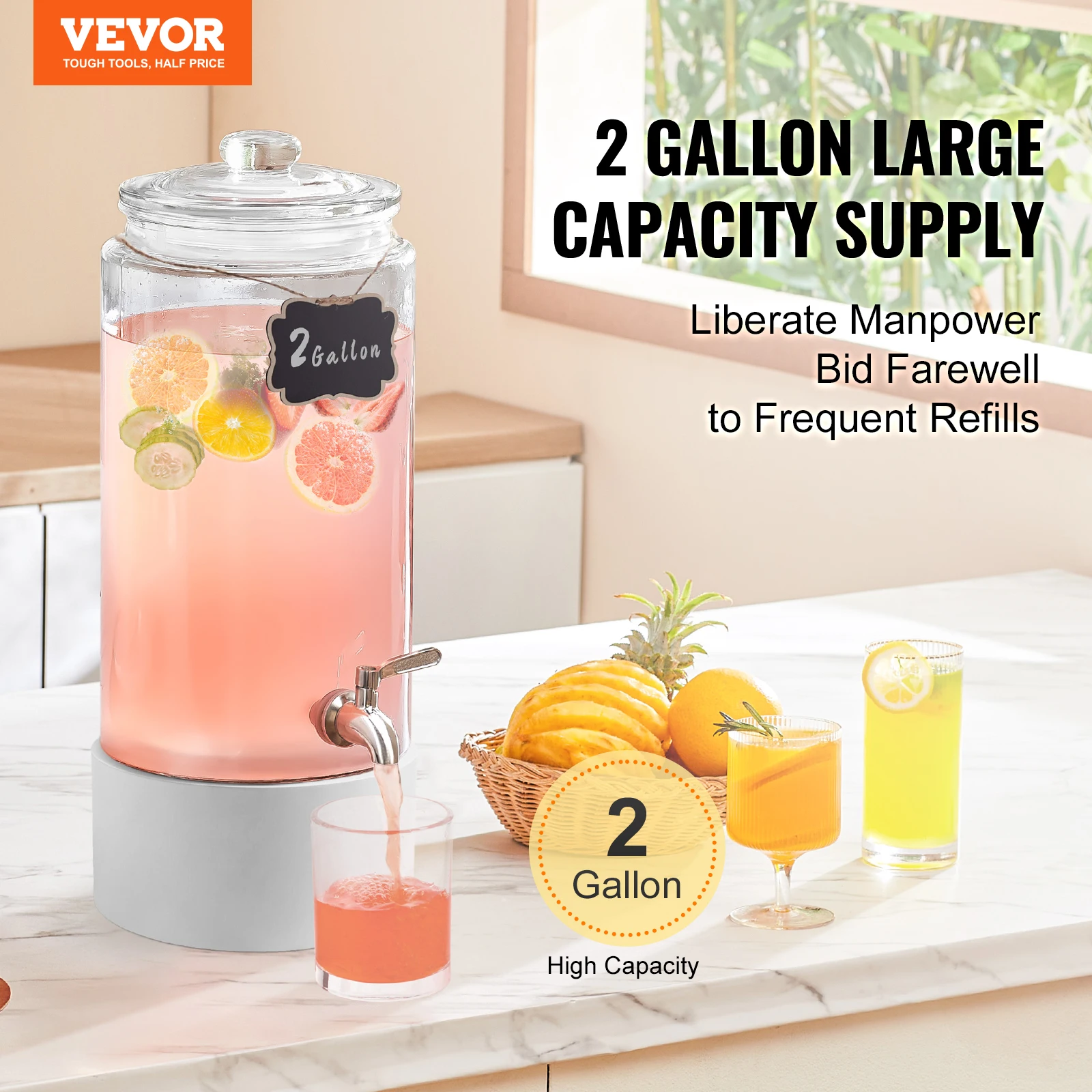 VEVOR Dispensador de Bebidas de 7,5 Litros para Fiestas, Dispensador de Jugo de Vidrio con Espiga de Acero Inoxidable, Dispensador de Agua de Jugo de Limonada de Té Helado, 375 x 183 x 183 mm