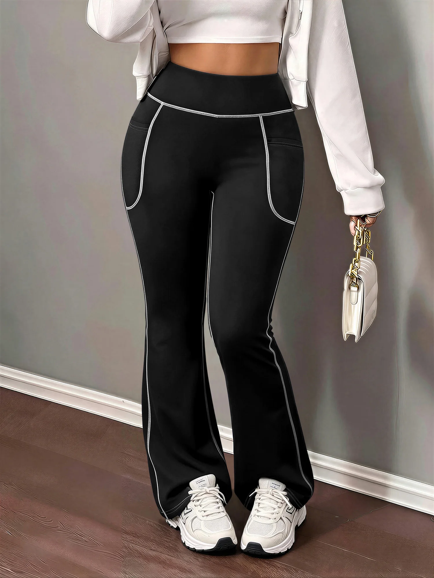 Chic High Rise White Outline Stitch Bootcut Pants Slim Stretch Flare Leg Side Storage Pocket Office Pants