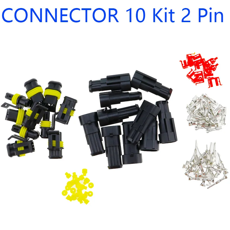 10 Kits 2 Pin Way Waterproof Electrical Wire Connector Plug with 1.5mm Terminals Sealed Auto HID Xenon Lamp Socket for Car Moto