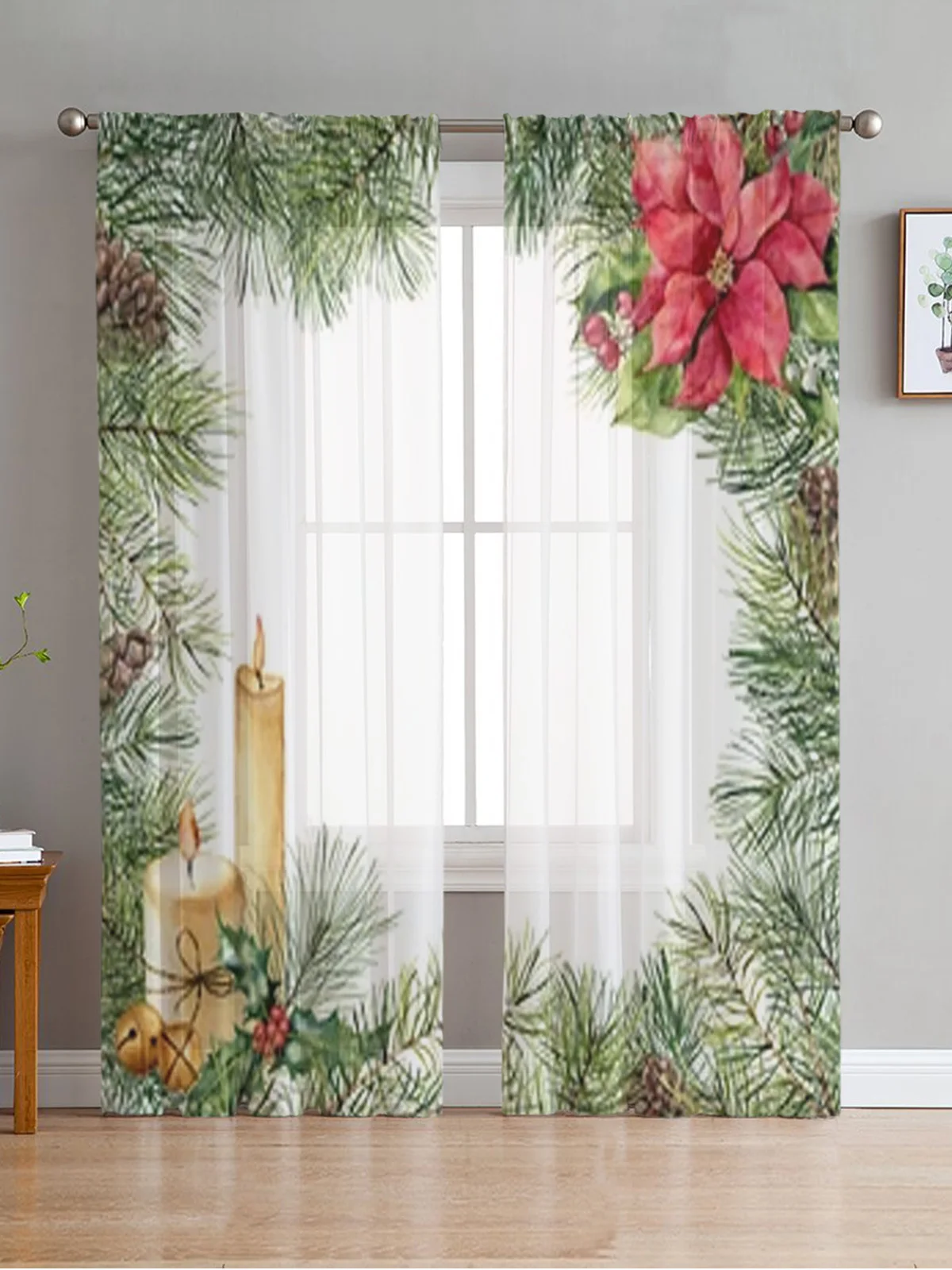 Christmas Tree Branch Poinsettia Chiffon Sheer Curtains For Living Room Bedroom Decor Kitchen Window Voiles Tulle Curtain