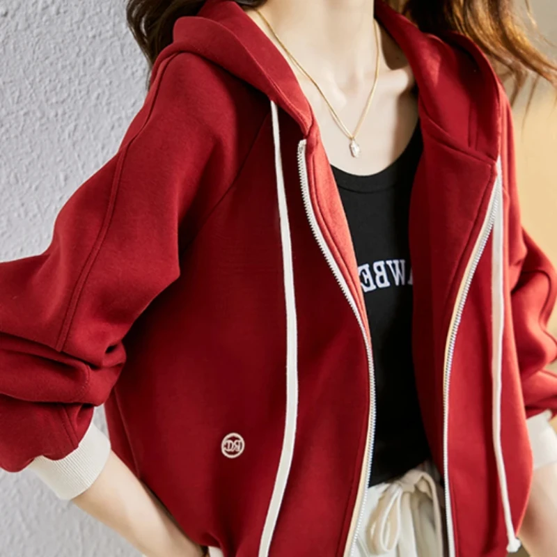 Hoodies Cotton Woman Tops Spring and Autumn Red Hooded Sweatshirt for Women Korean Clothing Basic Emo 90s Vintage Y 2k Casual - view 4